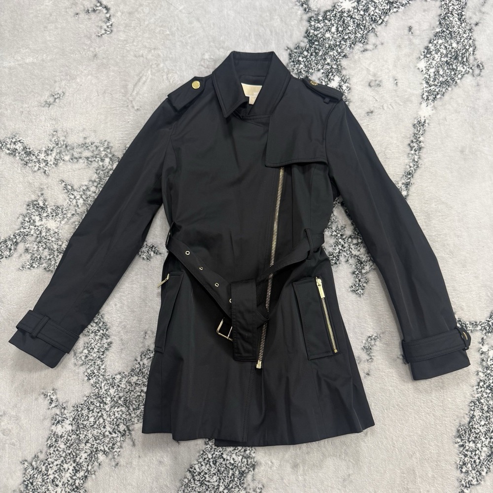 Michael Kors Trench Coat Womens Sz M Black Belted Moto Zip Jacket Gold Hardware